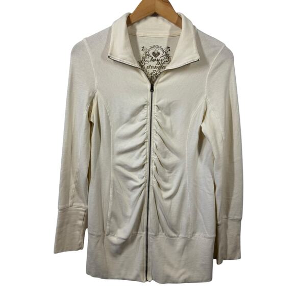 Love by Design Jacket Women M Cream Gold Metallic Graphic Long Line Y2K Spring - Picture 1 of 7